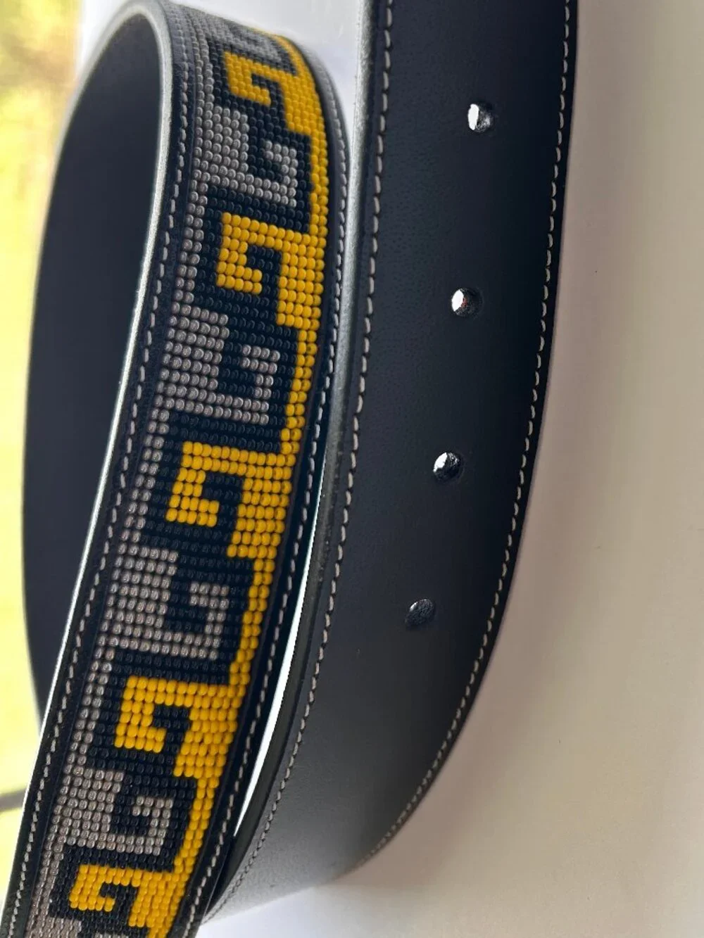 Black Beaded Belt Geometric Pattern Yellow Gray Unisex Faux Leather